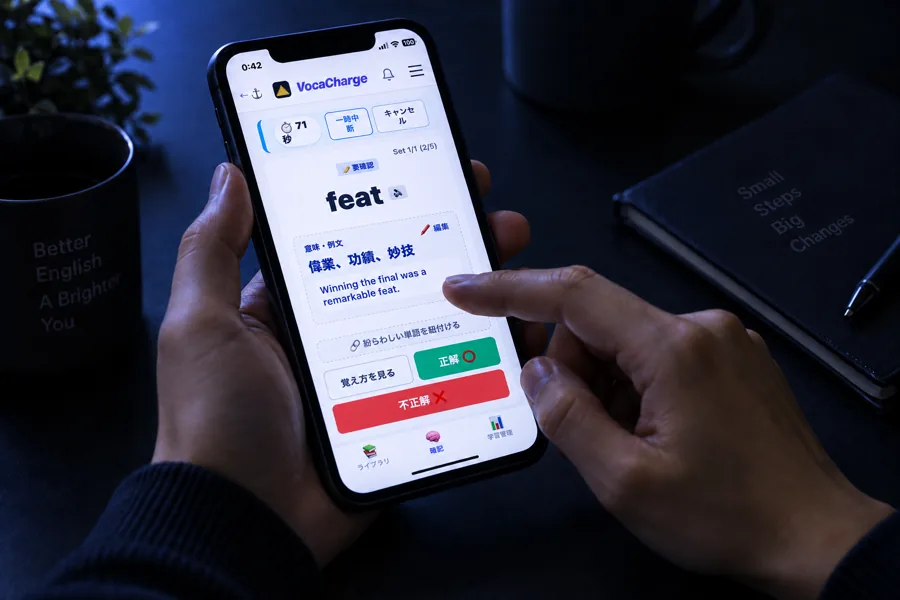 スマホでVocaChargeの単語を復習するイメージ