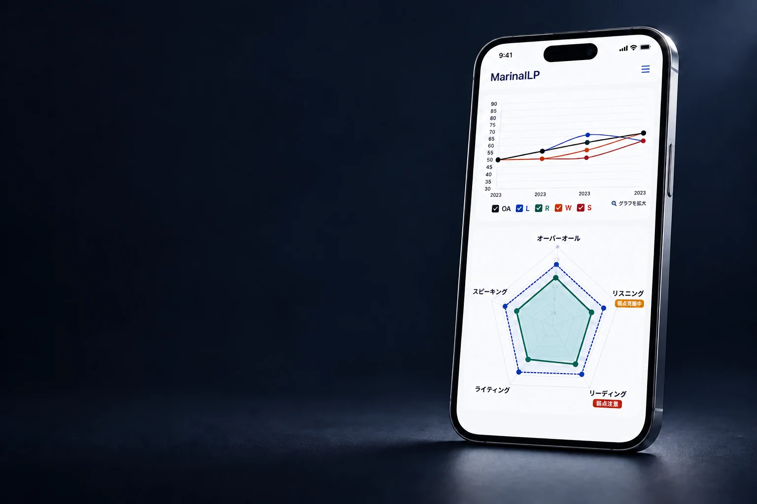 暗い背景で斜めのスマートフォンに光が当たる、StudyChartの学習イメージ